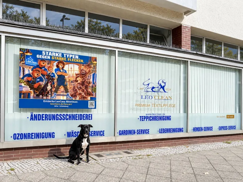 Schaufenster der LeoClean Filiale Schöneberg mit LeoCan-Plakat und Leon davor.